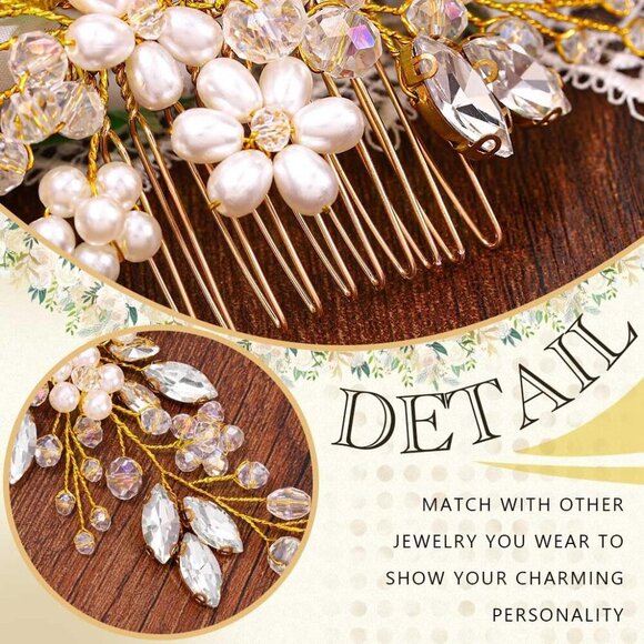 🆕Women Gold Bride Wedding Hair Comb Pearl Flower Hair Piece  Accessories - Picture 6 of 7
